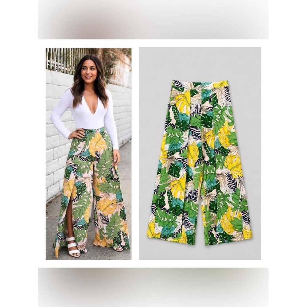 Womens Wide Leg Pants Small Slits Beachy Coastal Euro Summer Tropical Festival
